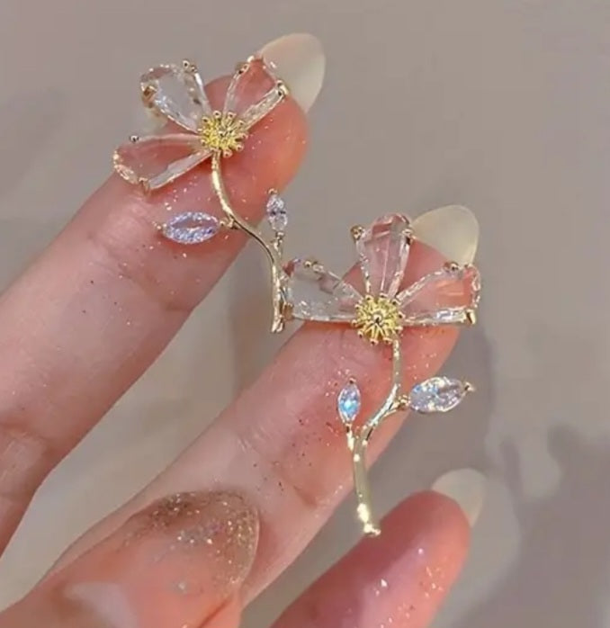 Crystal Glass Gold Plated Flower Petal Design Dainty Large Stud Earrings