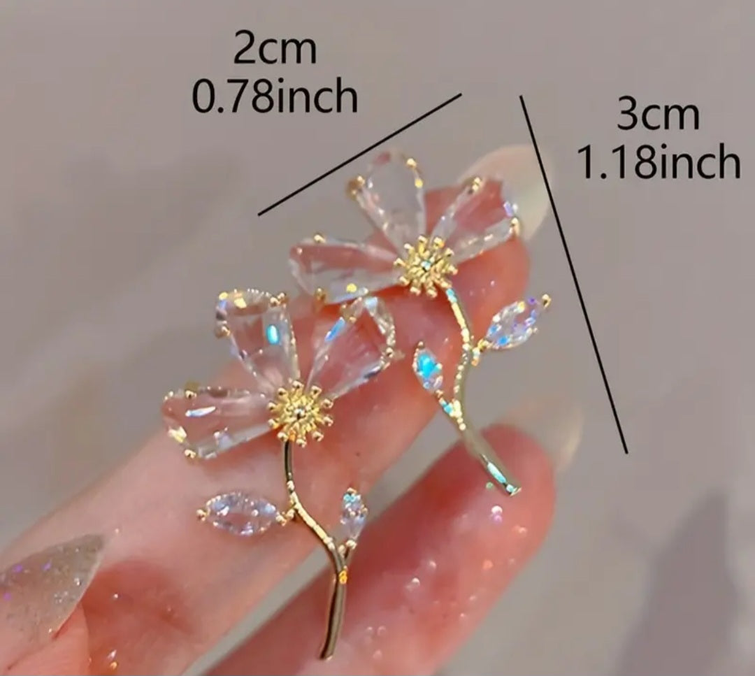 Crystal Glass Gold Plated Flower Petal Design Dainty Large Stud Earrings