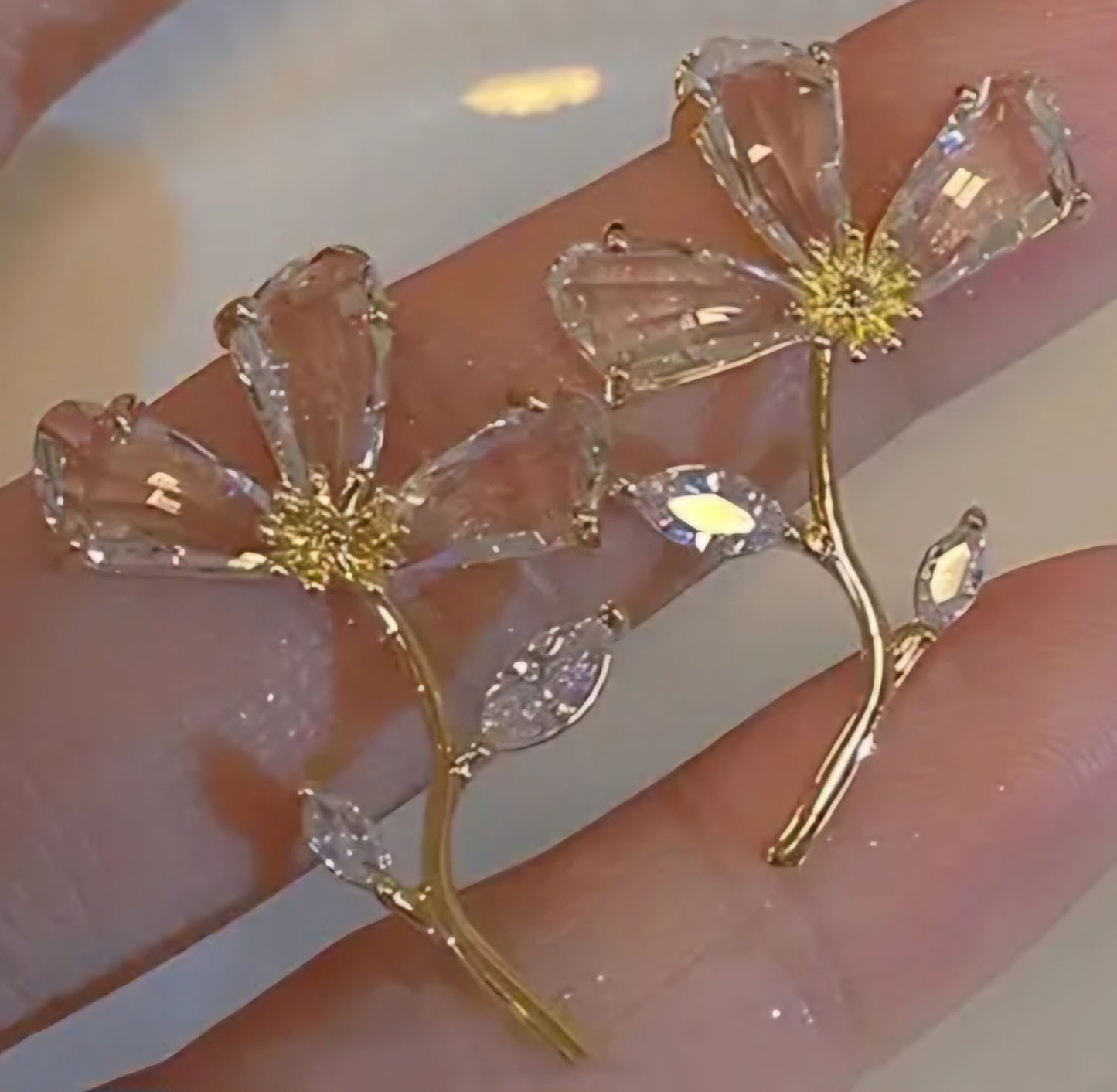 Crystal Glass Gold Plated Flower Petal Design Dainty Large Stud Earrings