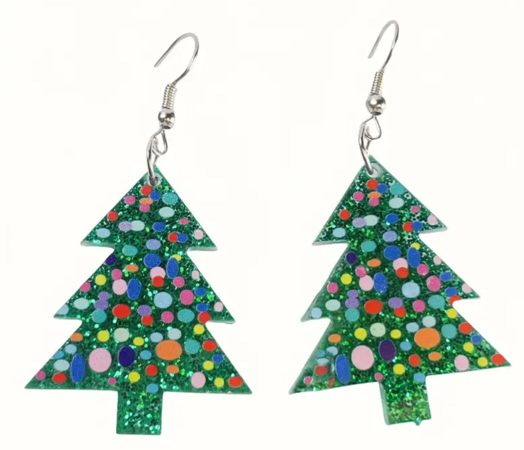 Acrylic Festive Christmas Tree Glitter Sparkle Lightweight Dangle Earrings