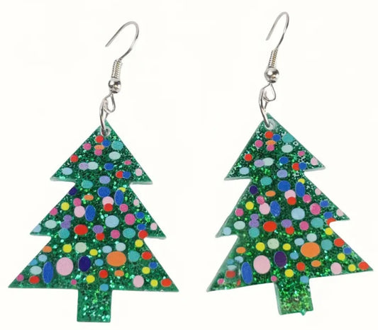 Acrylic Festive Christmas Tree Glitter Sparkle Lightweight Dangle Earrings