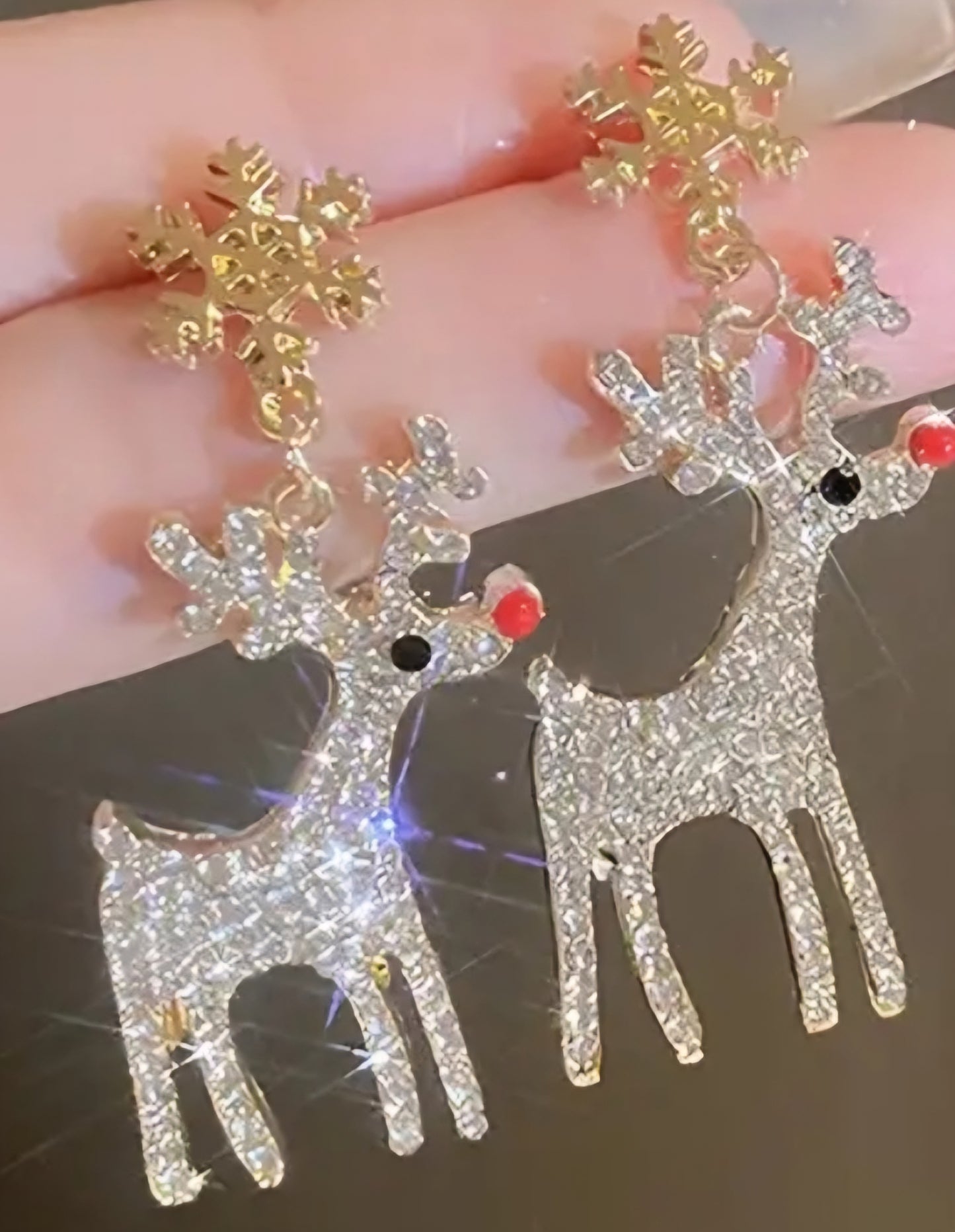 Bling Christmas Festive Gold Plated Rhinestone Snowflake Stud Reindeer Drop Dangle Earrings