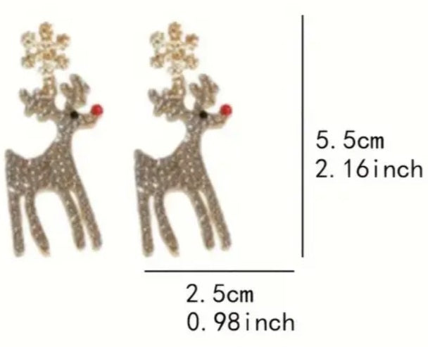 Bling Christmas Festive Gold Plated Rhinestone Snowflake Stud Reindeer Drop Dangle Earrings