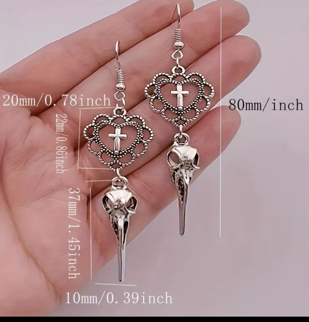 Crow Raven Beak Skull Bird Mask Gothic Heart Silver Plated Cross Drop Dangle Earrings