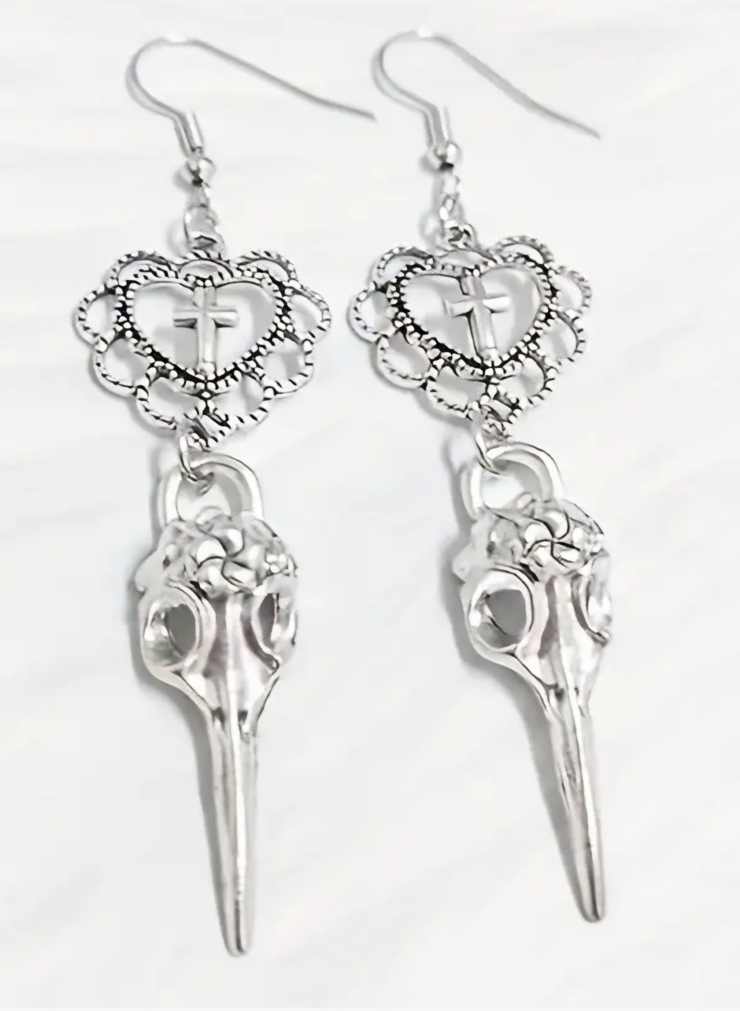 Crow Raven Beak Flower Skull Bird Mask Gothic Heart Silver Plated Cross Drop Dangle Earrings