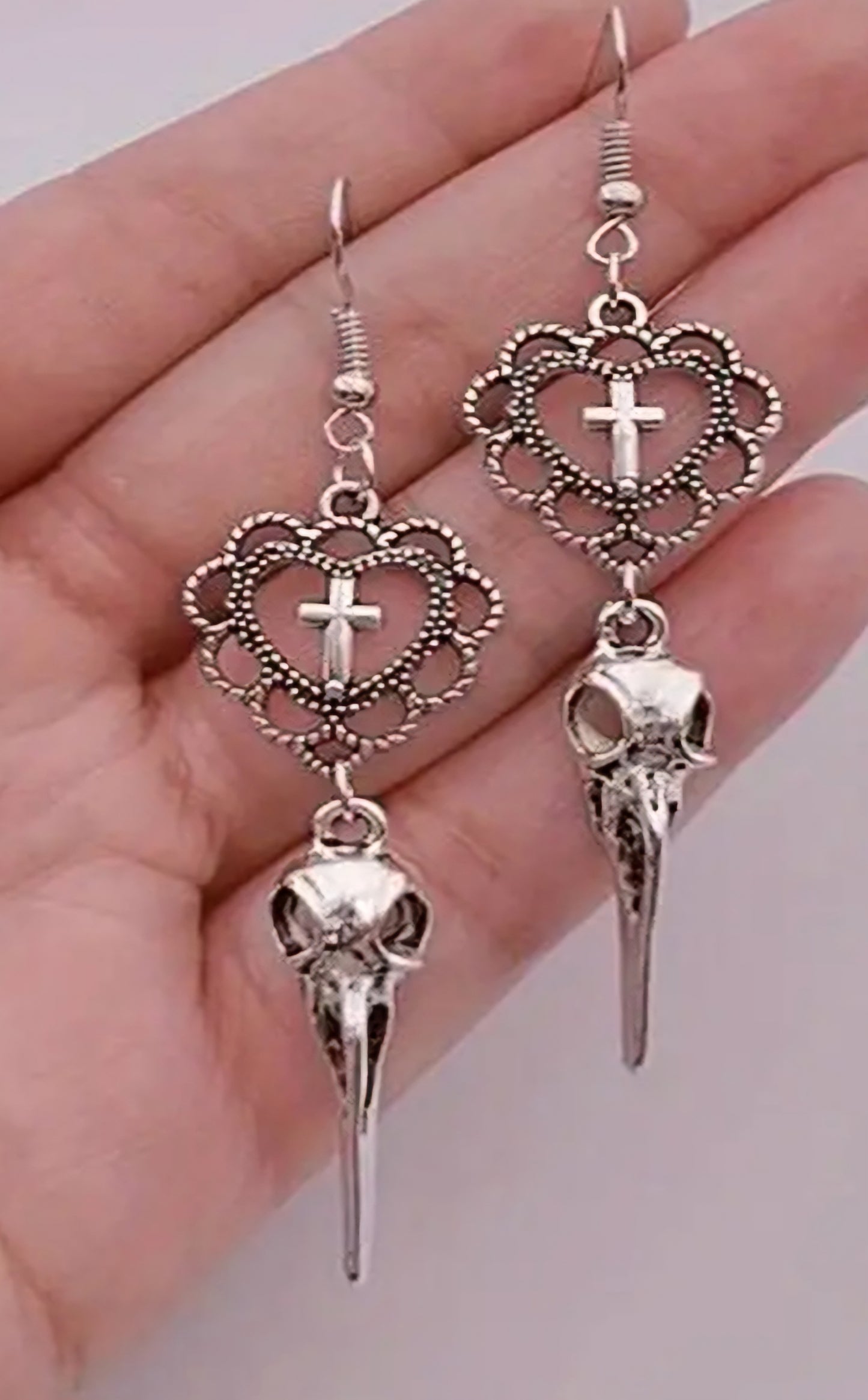 Crow Raven Beak Skull Bird Mask Gothic Heart Silver Plated Cross Drop Dangle Earrings