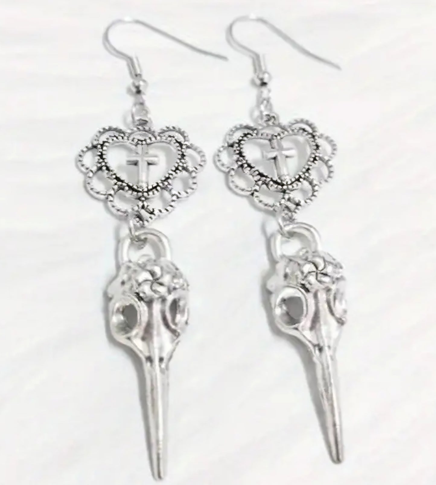 Crow Raven Beak Flower Skull Bird Mask Gothic Heart Silver Plated Cross Drop Dangle Earrings