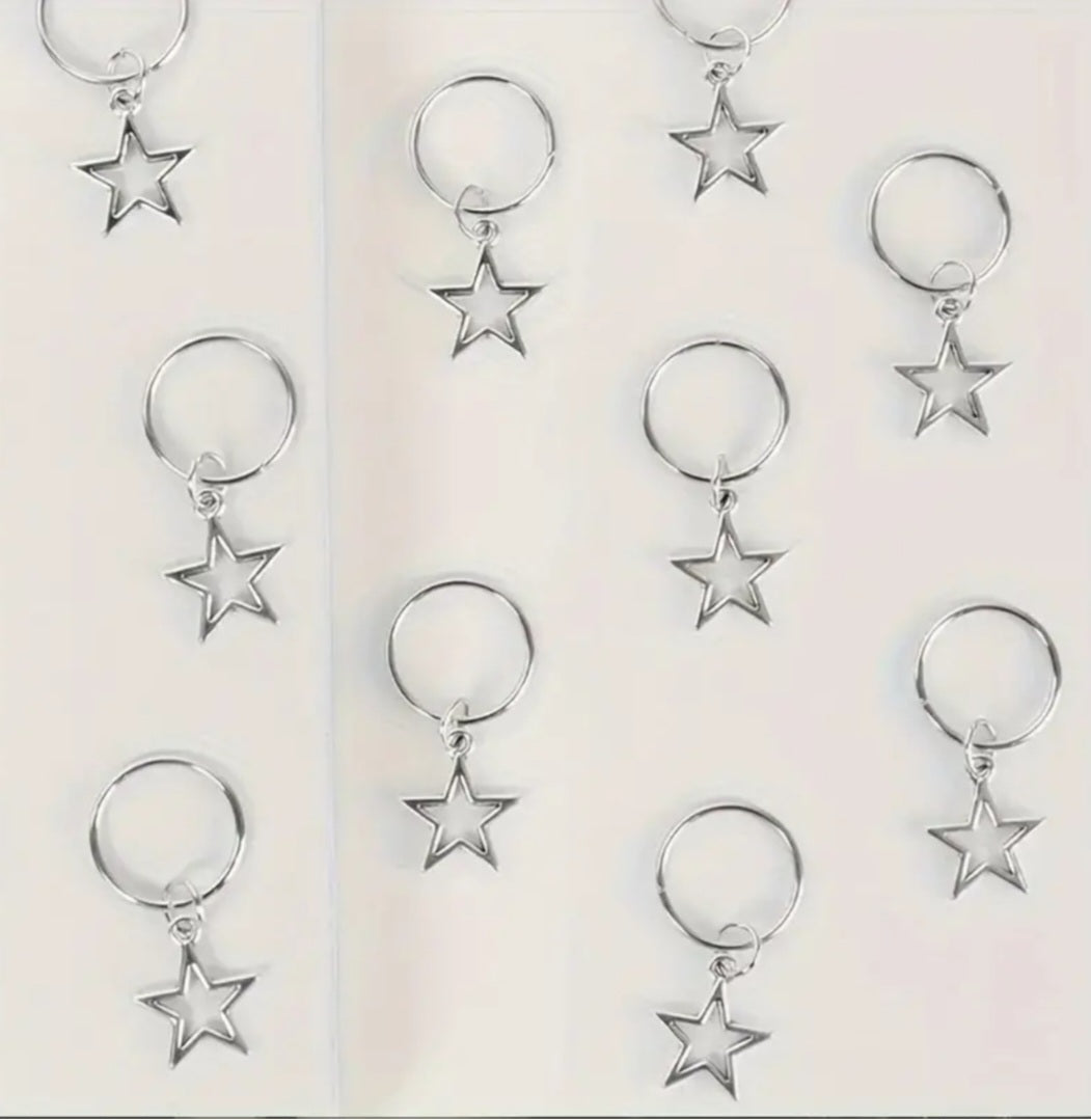 Silver Plated Metal Hoops With Star Dangle Hair Clips x 10