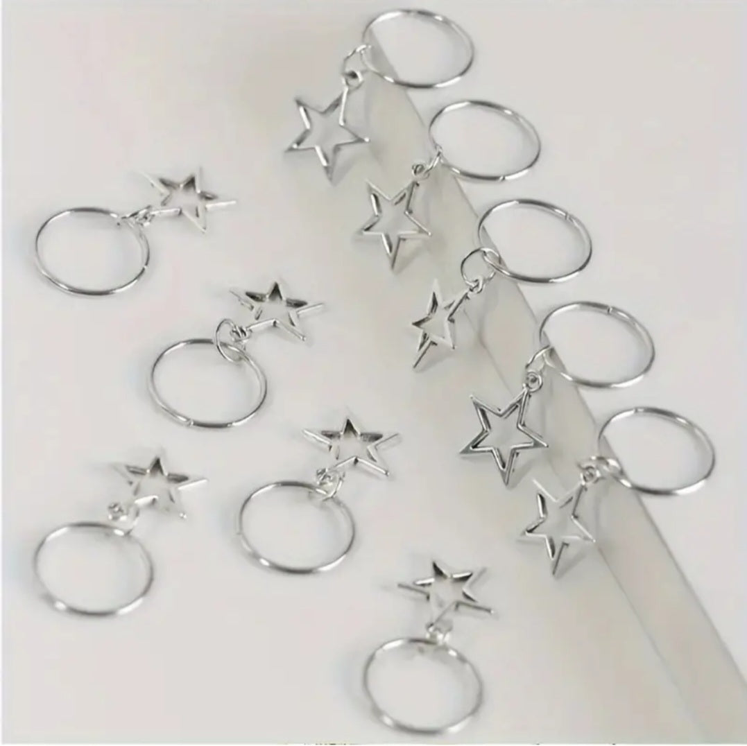 Silver Plated Metal Hoops With Star Dangle Hair Clips x 10