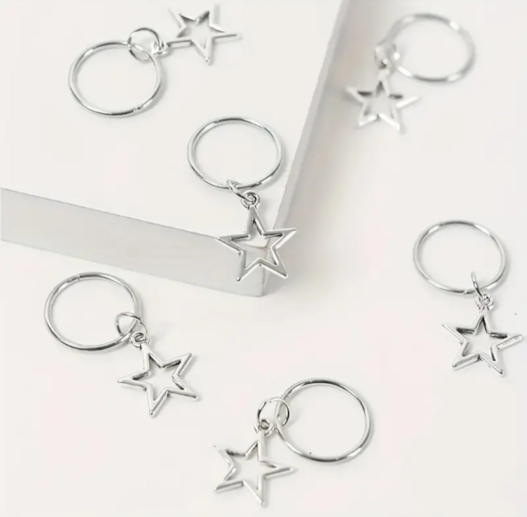 Silver Plated Metal Hoops With Star Dangle Hair Clips x 10