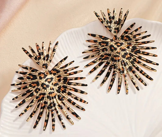 Giant Gold Plated Lightweight Thorny Heart Leopard Print Spiky Design Dangle Drop Earrings