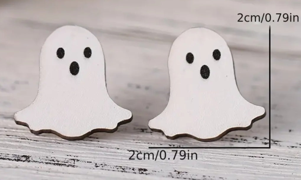 Cute Wooden Spooky White Ghost Spirit Stud Earrings