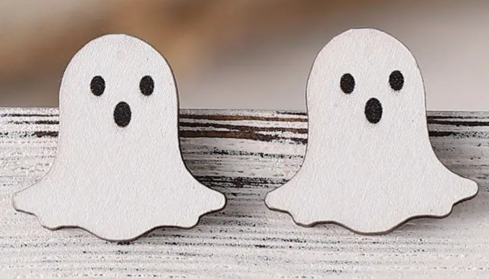 Cute Wooden Spooky White Ghost Spirit Stud Earrings