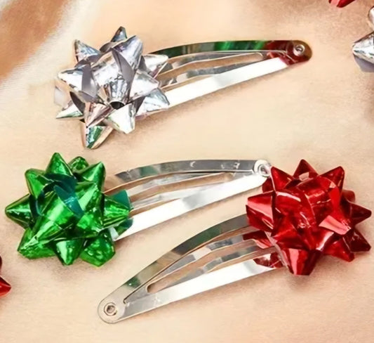 Christmas Festive  Silver Plated Red Green Silver Gift Tag Hair Snaps Clips Set of 3