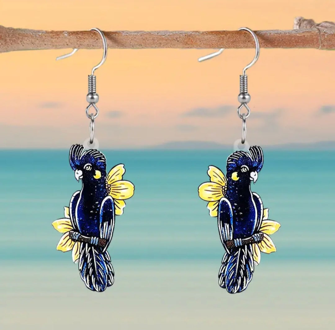 Black Cockatoo Parrot Bird Flower Flowers Small Acrylic Dangle Earrings