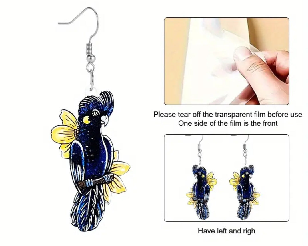 Black Cockatoo Parrot Bird Flower Flowers Small Acrylic Dangle Earrings