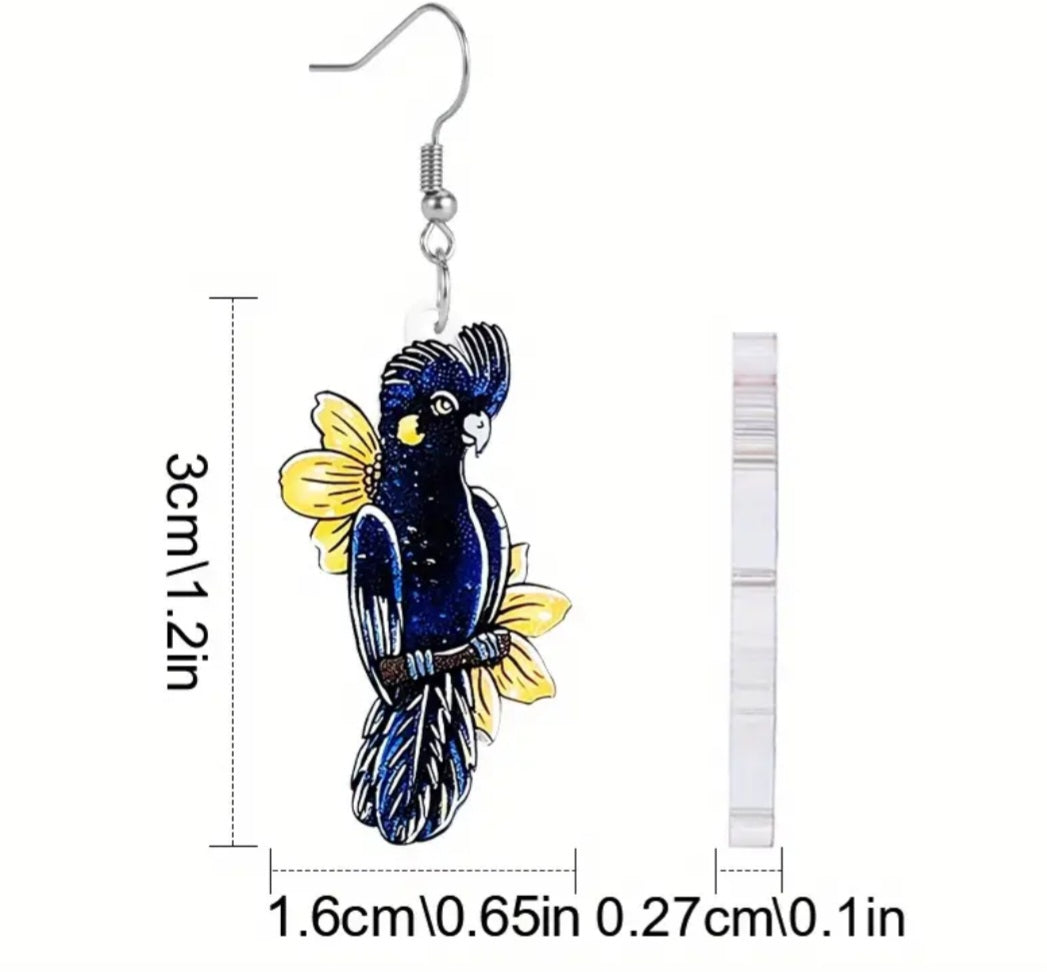 Black Cockatoo Parrot Bird Flower Flowers Small Acrylic Dangle Earrings