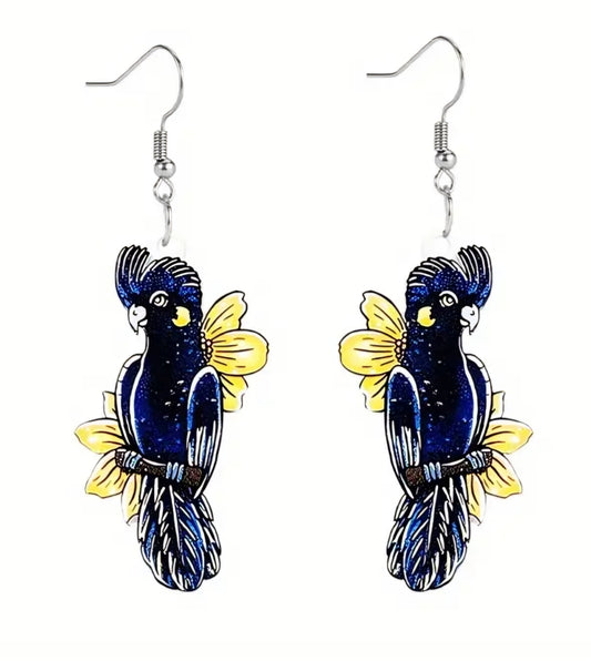 Black Cockatoo Parrot Bird Flower Flowers Small Acrylic Dangle Earrings