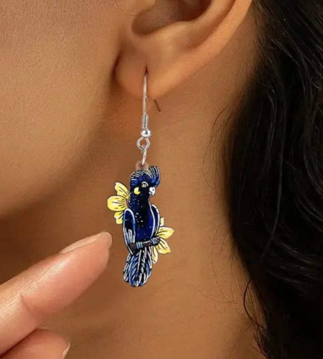 Black Cockatoo Parrot Bird Flower Flowers Small Acrylic Dangle Earrings