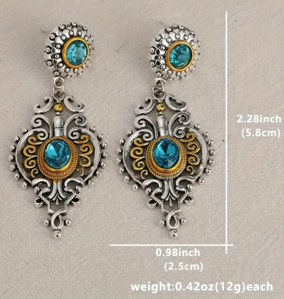 Antique Design Blue Gem Rhinestone Ornate Silver Plated Drop Dangle Earrings