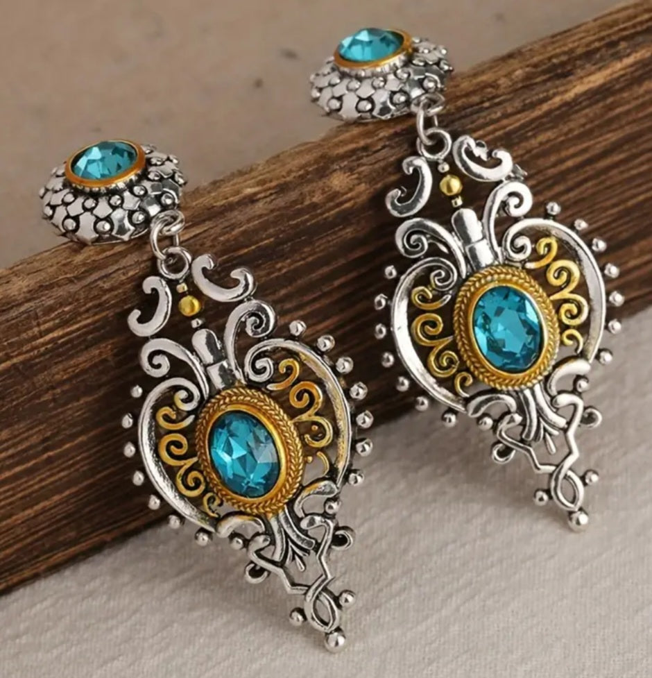 Antique Design Blue Gem Rhinestone Ornate Silver Plated Drop Dangle Earrings