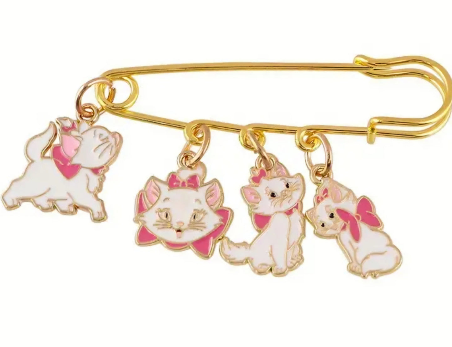 Disney Inspired The Aristocats Marie Pink Cat Kitten Cardigan Sweater Shirt Dress Pants Clothing Gold Plated Giant Safety Pin Design Brooch With Metal Charms