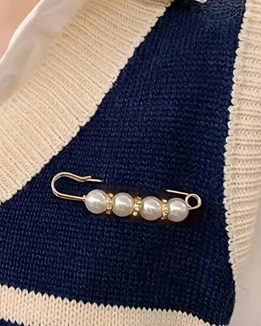 Cardigan Sweater Shirt Dress Pants Clothing Gold Plated Giant Safety Pin Design Brooch Rhinestones Faux White Pearl Set of 2