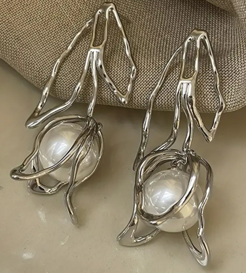 Giant Silver Plated Faux Pearl Drop Tulip Flower Design Dangle Earrings