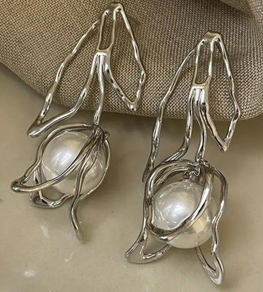 Giant Silver Plated Faux Pearl Drop Tulip Flower Design Dangle Earrings