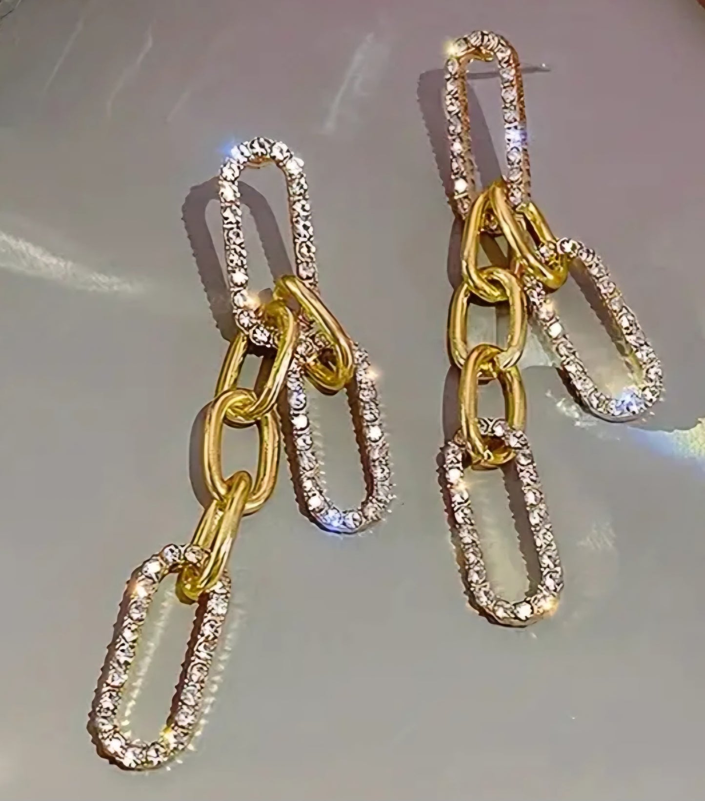 Bling Chain Link Design Gold Plated Rhinestone Inlay Lightweight Drop Dangle Earrings