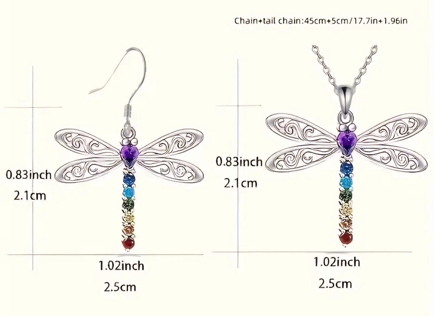 Dragonfly Seven Charka Design Silver Plated Rhinestone Necklace And Earrings For Calm And Inspiration