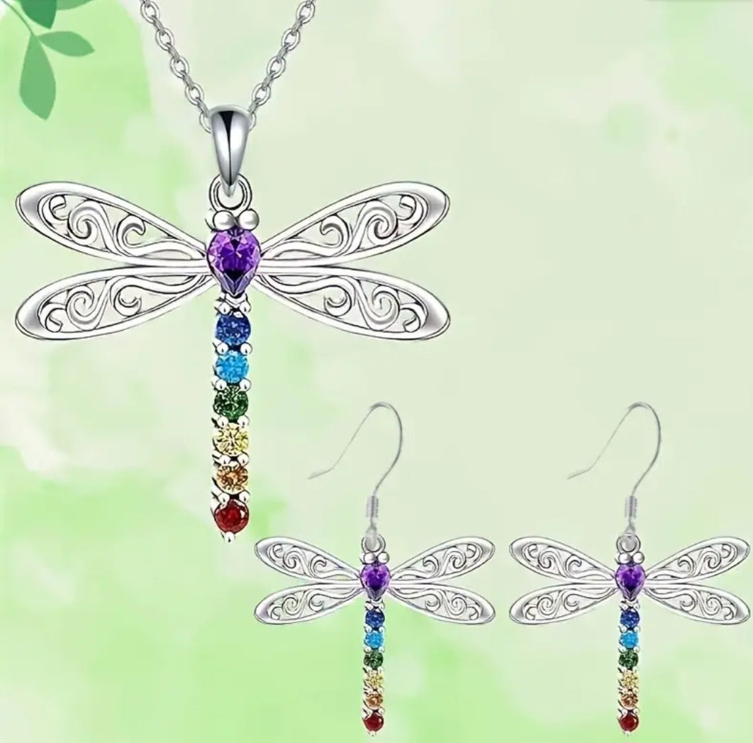 Dragonfly Seven Charka Design Silver Plated Rhinestone Necklace And Earrings For Calm And Inspiration