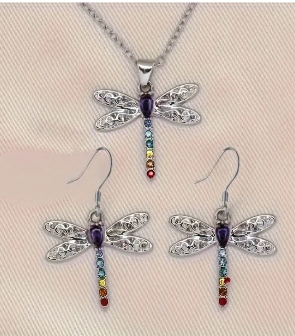 Dragonfly Seven Charka Design Silver Plated Rhinestone Necklace And Earrings For Calm And Inspiration