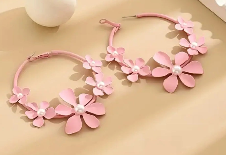 Giant Extra Large Floral Pink Flowers Faux Pearl Lightweight Enamel Painted Metal Hoops Earrings