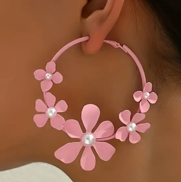 Giant Extra Large Floral Pink Flowers Faux Pearl Lightweight Enamel Painted Metal Hoops Earrings