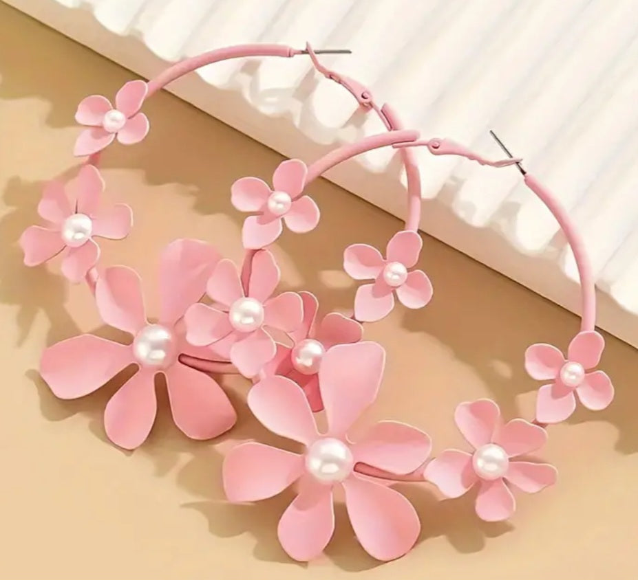 Giant Extra Large Floral Pink Flowers Faux Pearl Lightweight Enamel Painted Metal Hoops Earrings