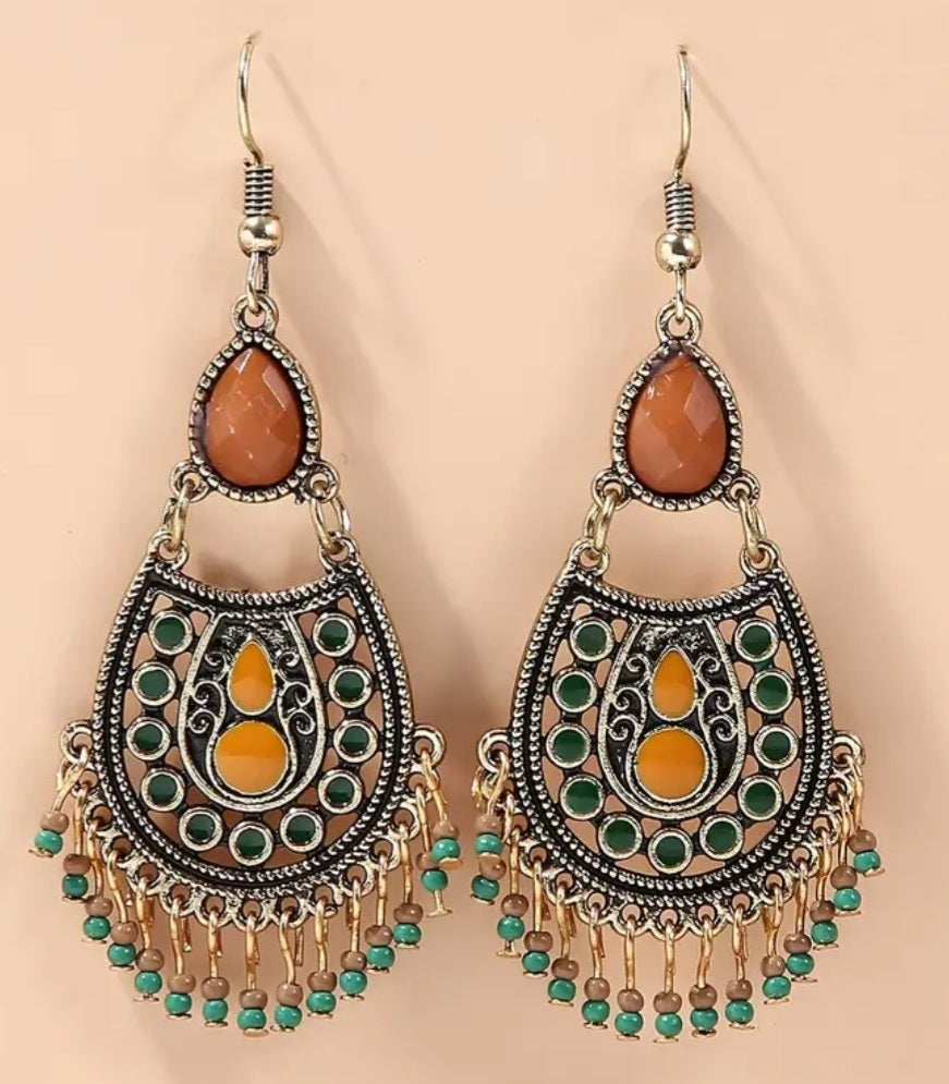 Boho Chandelier Carved Ornate Pattern Metal With Tassles Drop Dangle Earrings