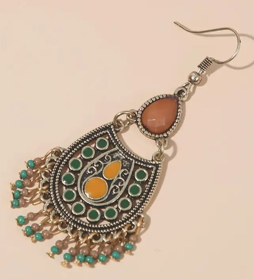 Boho Chandelier Carved Ornate Pattern Metal With Tassles Drop Dangle Earrings