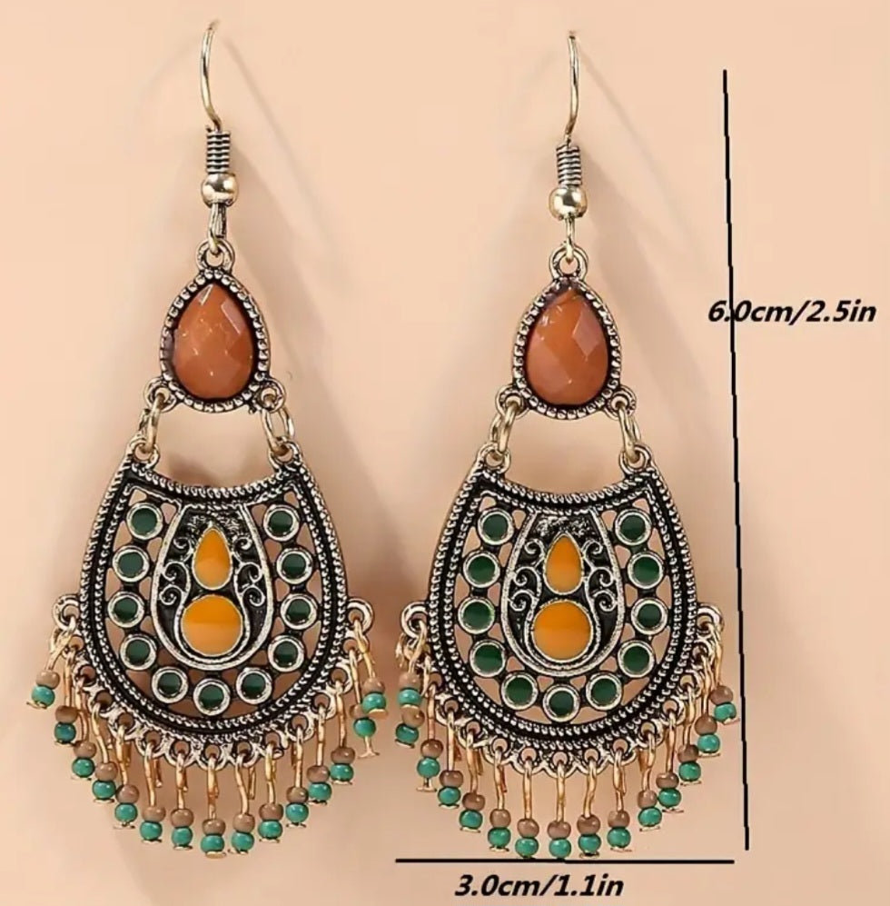 Boho Chandelier Carved Ornate Pattern Metal With Tassles Drop Dangle Earrings