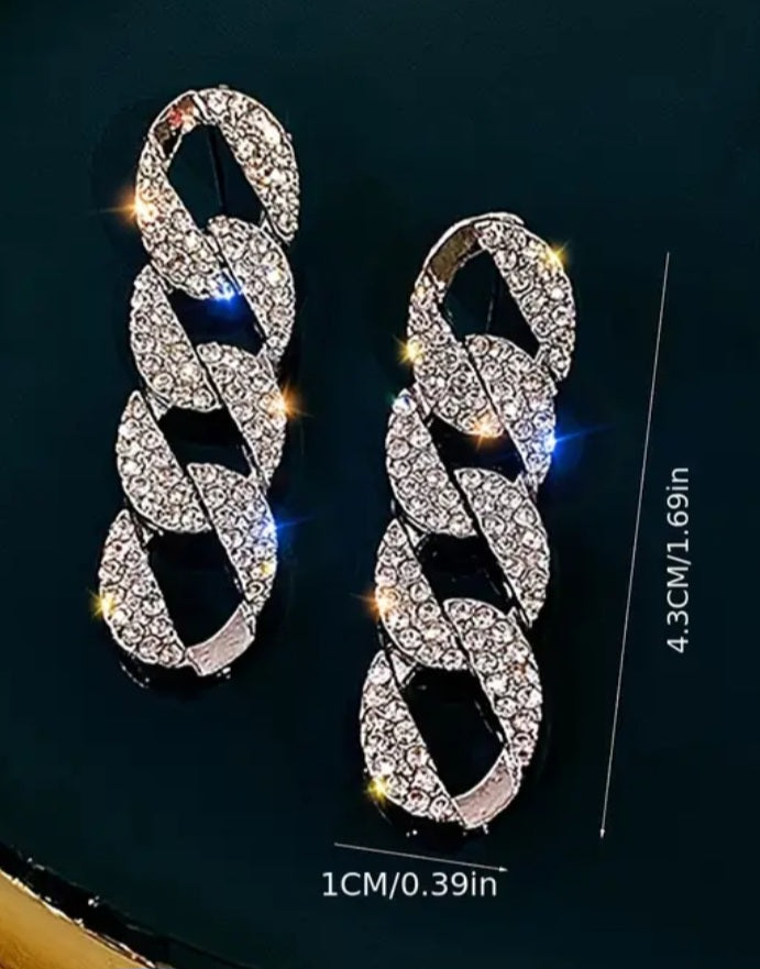 Bling Chain Link Rhinestone Silver Plated Drop Earrings