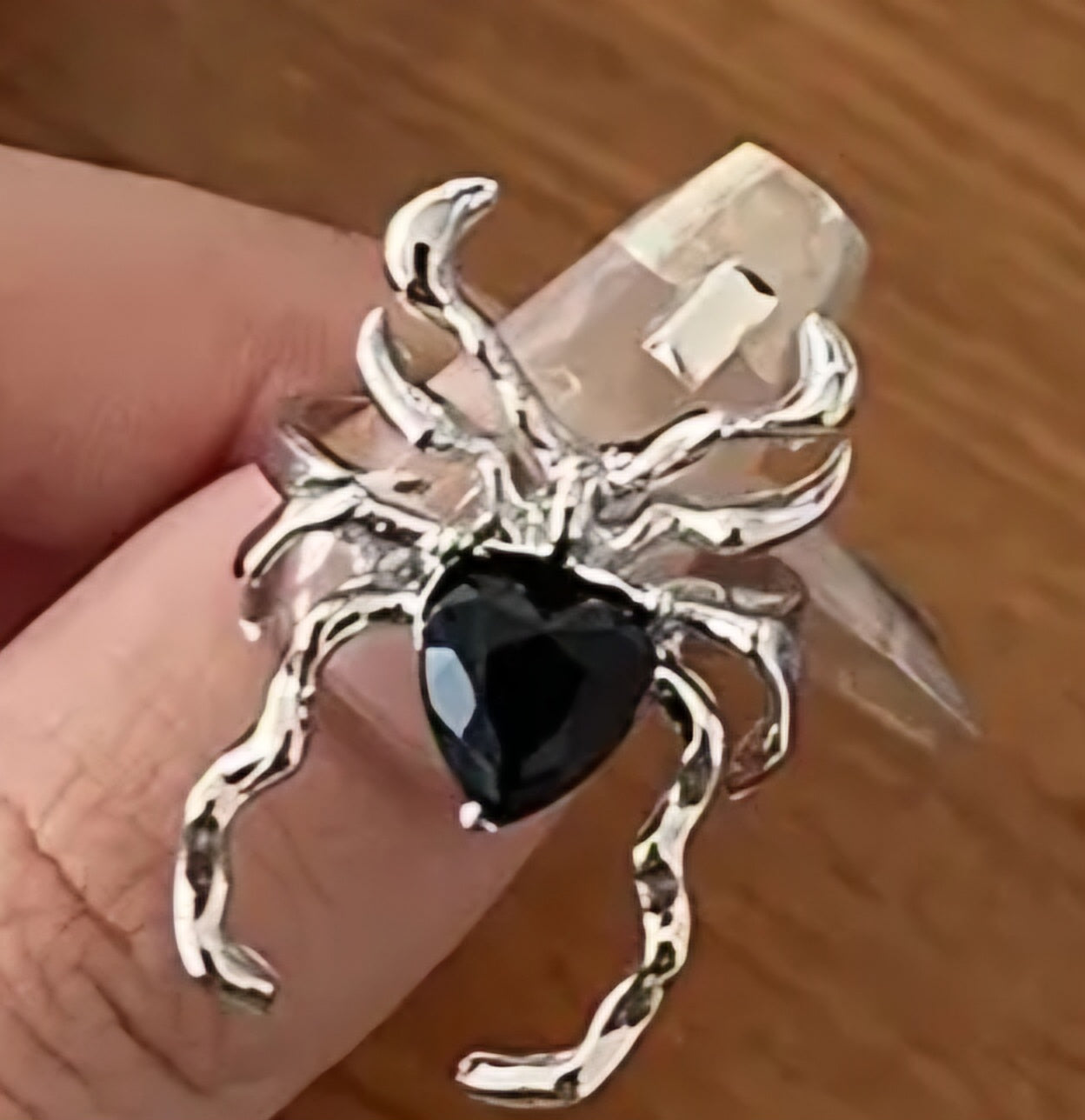 Gothic Halloween Silver Tone Black Heart Spider Adjustable Costume Ring