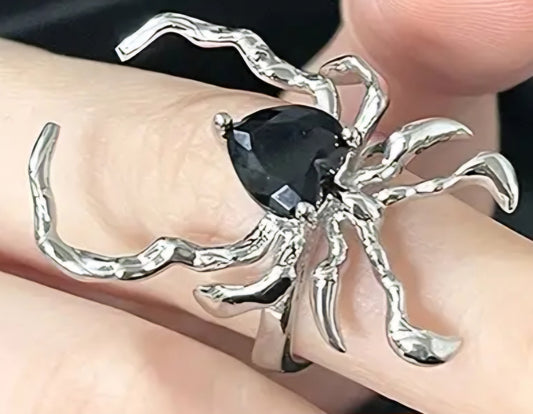 Gothic Halloween Silver Tone Black Heart Spider Adjustable Costume Ring