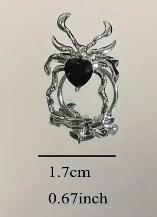 Gothic Halloween Silver Tone Black Heart Spider Adjustable Costume Ring