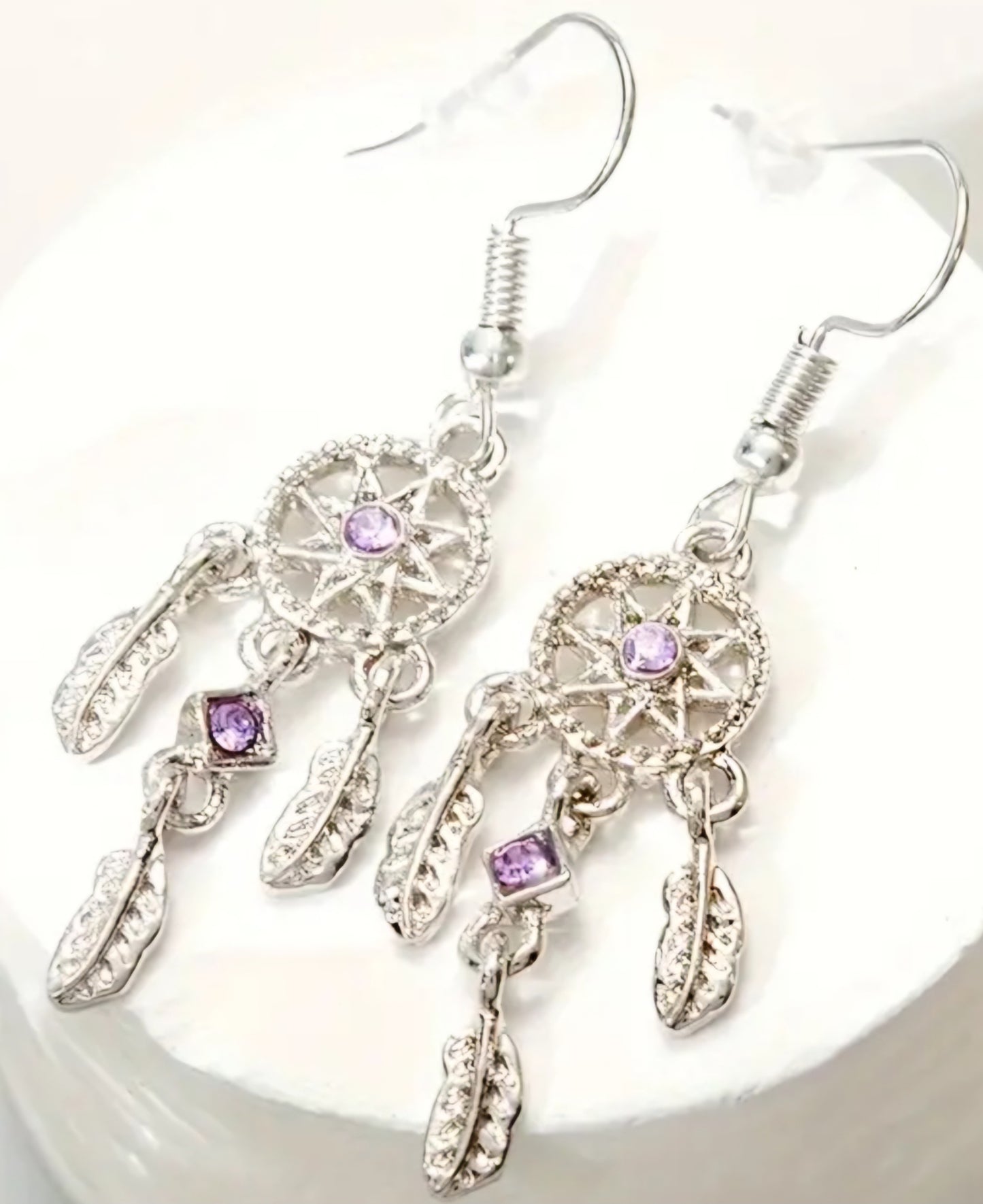 Dream Catcher Silver Plated Purple Lilac Zircon Drop Dangle Earrings