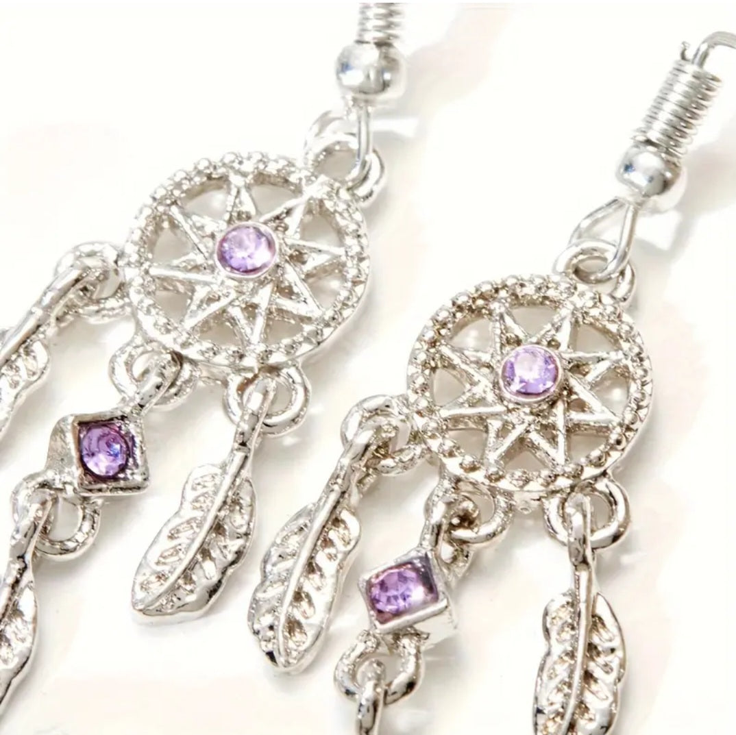 Dream Catcher Silver Plated Purple Lilac Zircon Drop Dangle Earrings