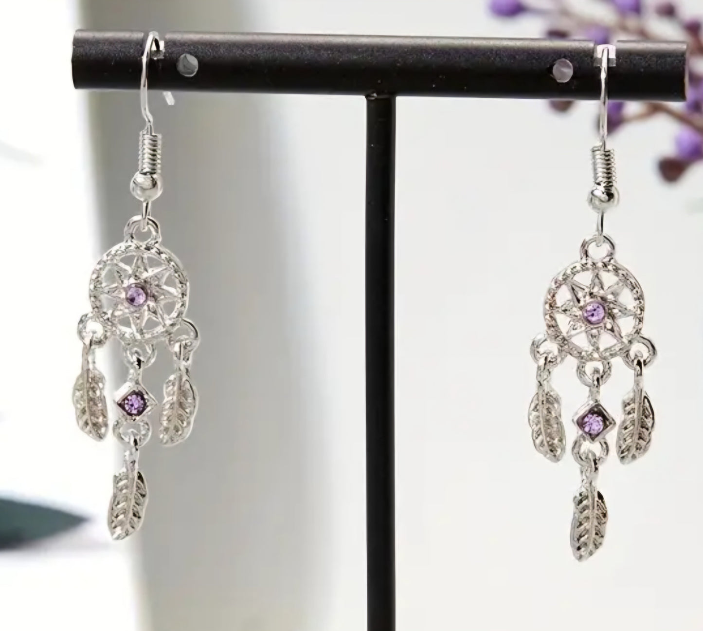 Dream Catcher Silver Plated Purple Lilac Zircon Drop Dangle Earrings