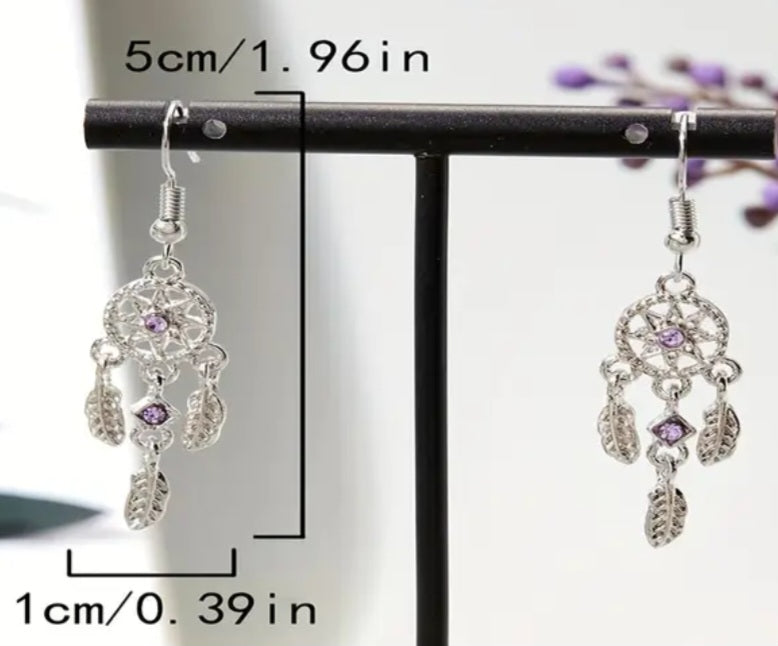 Dream Catcher Silver Plated Purple Lilac Zircon Drop Dangle Earrings