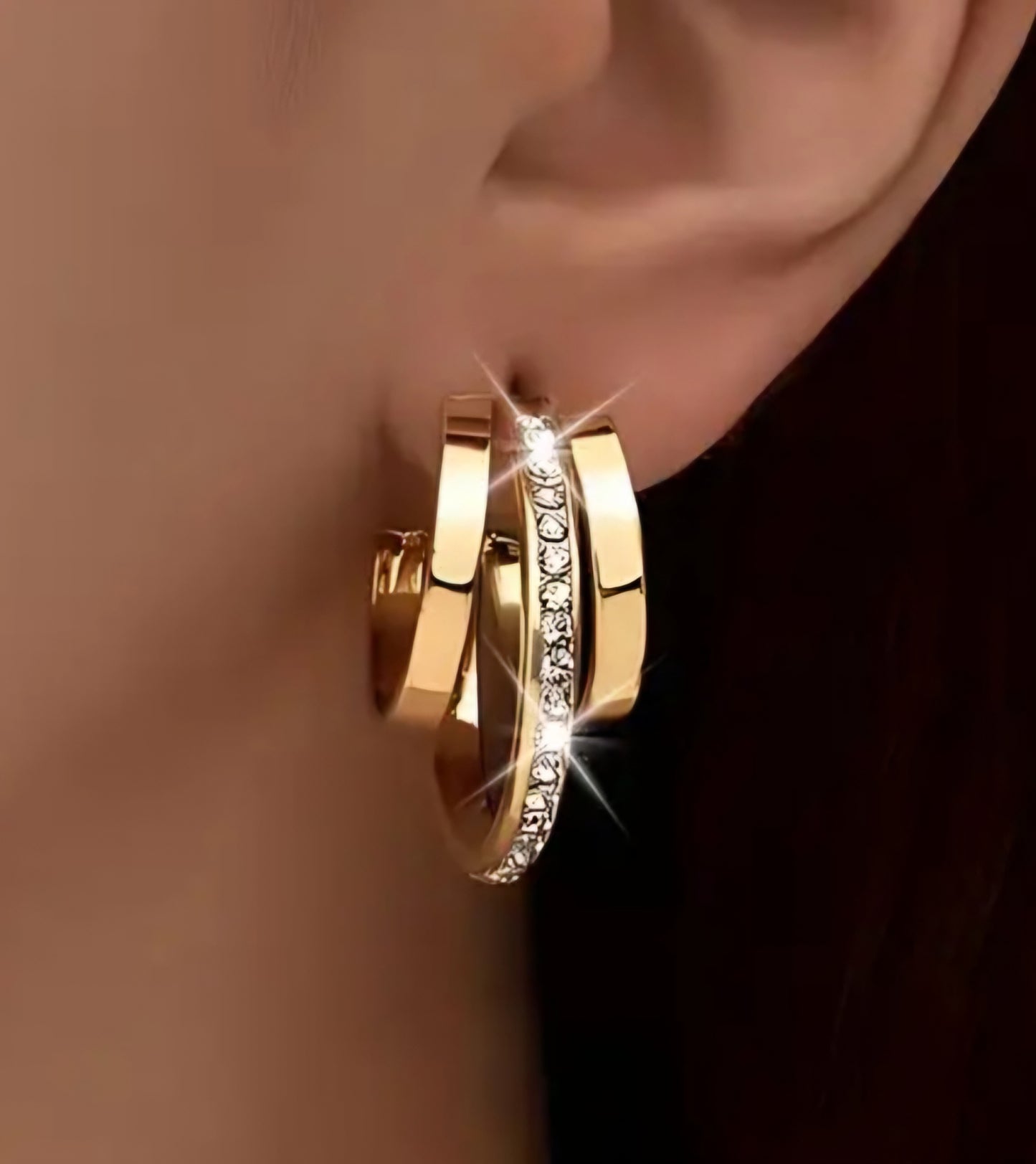 Classic Triple Hoop Rhinestone Inlay Gold Plated Huggie Style Earrings