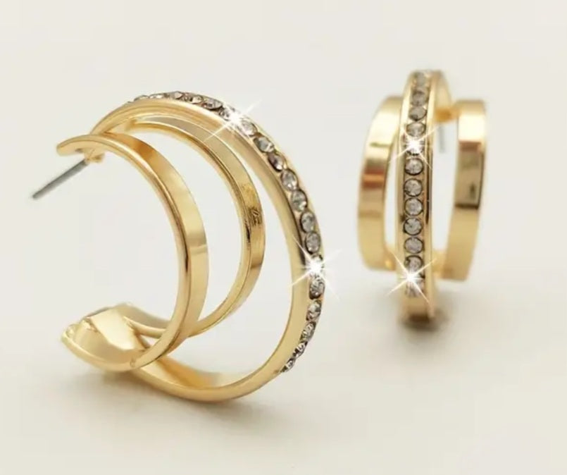 Classic Triple Hoop Rhinestone Inlay Gold Plated Huggie Style Earrings