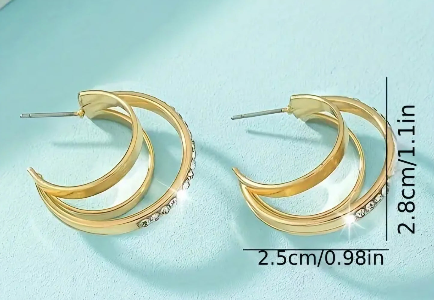 Classic Triple Hoop Rhinestone Inlay Gold Plated Huggie Style Earrings